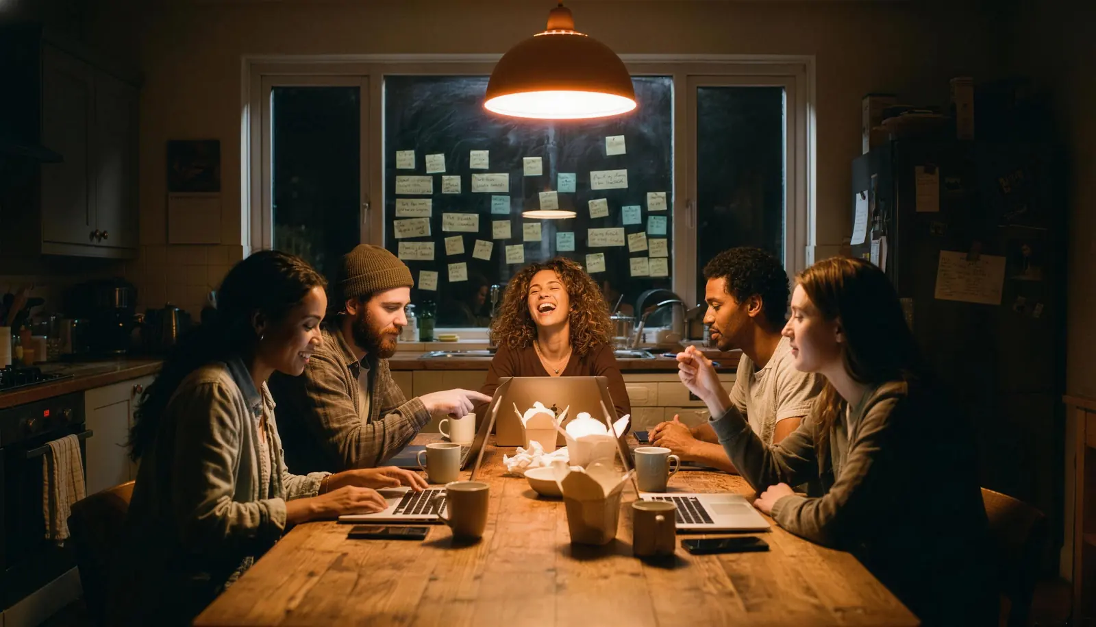 Five founders around a sharehouse kitchen table late at night, laughing over laptops and takeout.